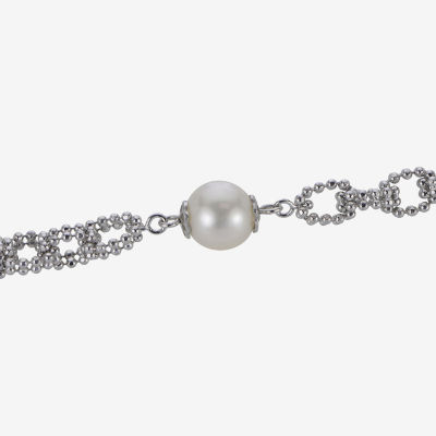 Cultured Freshwater Pearl Sterling Silver Station Chain Bracelet