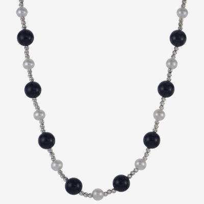 Womens Genuine Black Onyx Cultured Freshwater Pearl Sterling Silver Strand Necklace