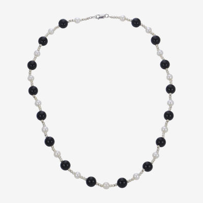 Womens Genuine Black Onyx Cultured Freshwater Pearl Sterling Silver Strand Necklace