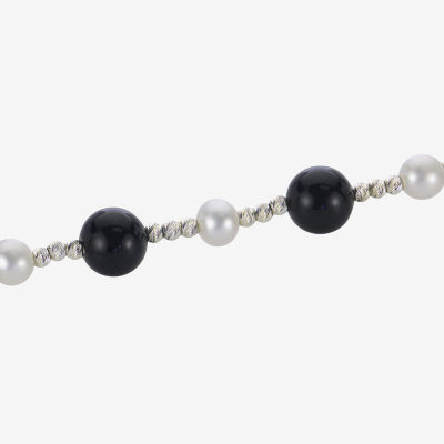 Womens Genuine Black Onyx Cultured Freshwater Pearl Sterling Silver Strand Necklace