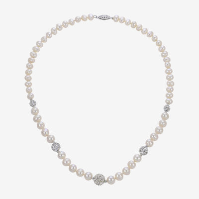 Womens White Cultured Freshwater Pearl Sterling Silver Strand Necklace