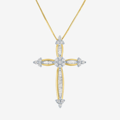 Diamond Blossom Womens 1/3 CT. T.W. Natural White Diamond 10K Gold Cross Pendant Necklace