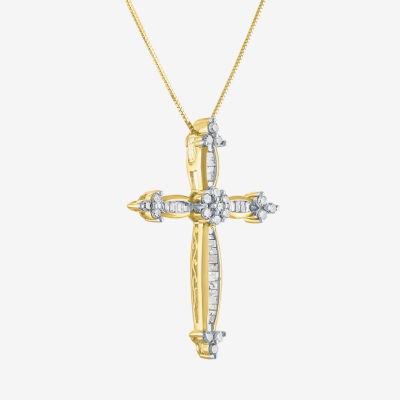 Diamond Blossom Womens 1/3 CT. T.W. Mined White Diamond 10K Gold Cross Pendant Necklace