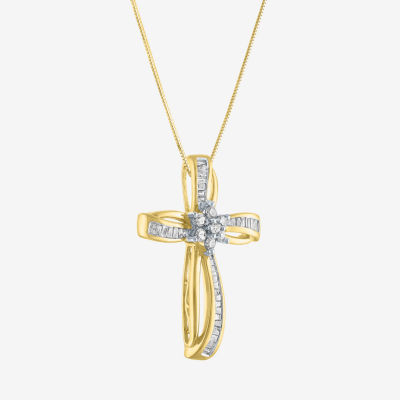 Diamond Blossom Womens 1/3 CT. T.W. Natural White Diamond 10K Gold Cross 18 Inch Pendant Necklace