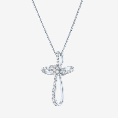 Diamond Blossom Womens 1/4 CT. T.W. Natural White Diamond Sterling Silver Cross Pendant Necklace