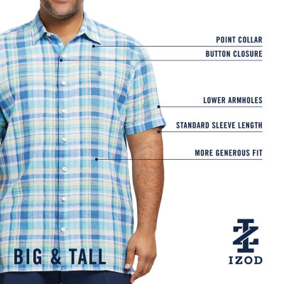 IZOD Premium Linen Big and Tall Mens Classic Fit Short Sleeve Plaid Button-Down Shirt