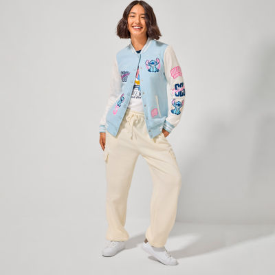 Fleece Letterman Jacket: Graphic Ringer T-Shirt, Cargo Jogger Pants, PUMA Sneakers, Sterling Silver Hoop Earrings