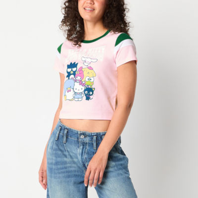 Womens Crew Neck Short Sleeve Hello Kitty Crop Top Juniors