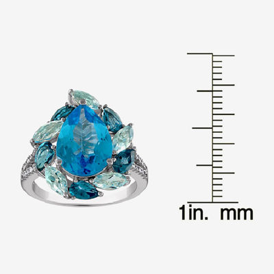Womens Genuine Blue Topaz & 1/7 CT. T.W. Diamond  Sterling Silver Cocktail Ring