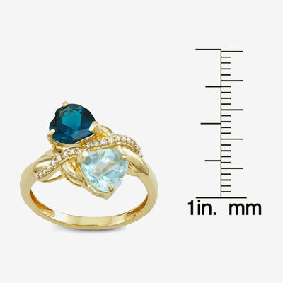 Womens Genuine Blue Aquamarine & 1/10 CT. T.W. White Diamond 10K Gold Heart Cocktail Ring