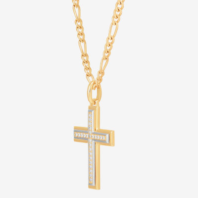 Mens White Cubic Zirconia 14K Gold Over Silver Cross Pendant Necklace