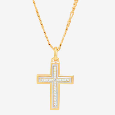 Mens White Cubic Zirconia 14K Gold Over Silver Cross Pendant Necklace