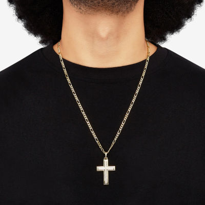 Mens White Cubic Zirconia 14K Gold Over Silver Cross Pendant Necklace