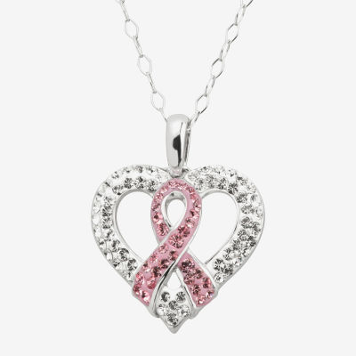 Breast Cancer Awareness Ribbon Womens Pink Crystal Sterling Silver Heart Pendant Necklace