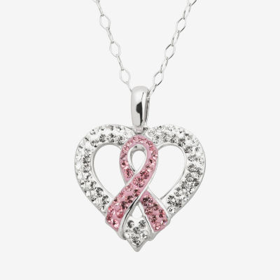 Breast Cancer Awareness Ribbon Womens Pink Crystal Sterling Silver Heart Pendant Necklace