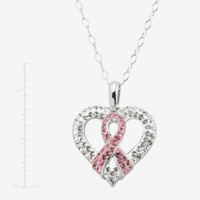 Breast Cancer Awareness Ribbon Womens Pink Crystal Sterling Silver Heart Pendant Necklace