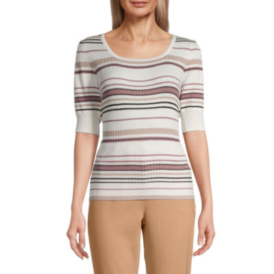 Liz Claiborne Womens U Neck Elbow Sleeve Striped Pullover Sweater