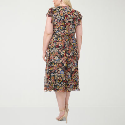 MSK Womens Plus Short Sleeve Floral Midi Fit + Flare Dress