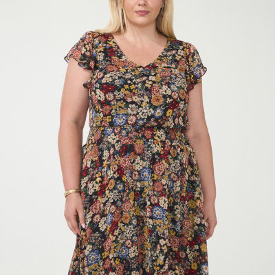 MSK Womens Plus Short Sleeve Floral Midi Fit + Flare Dress