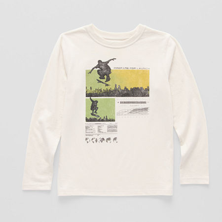 Thereabouts Little & Big Boys Crew Neck Long Sleeve Graphic T-Shirt, M (10-12) Husky, Beige