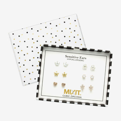 Mixit Hypoallergenic Tri Tone 6 Pair Cubic Zirconia Cross Crown Heart Earring Set