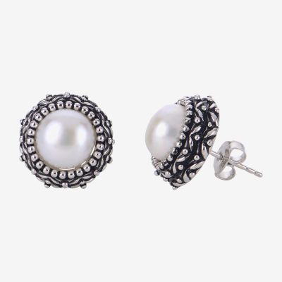 Cultured Freshwater Button Pearl Oxidized Sterling Silver Stud Earrings