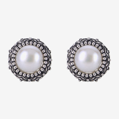 Cultured Freshwater Button Pearl Oxidized Sterling Silver Stud Earrings