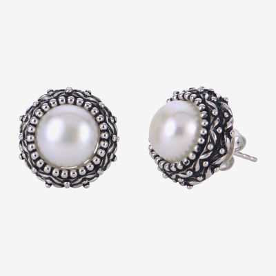 Cultured Freshwater Button Pearl Oxidized Sterling Silver Stud Earrings