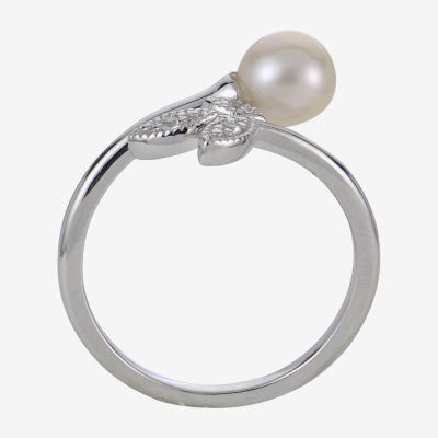 Womens 6-6.5MM White Cultured Freshwater Pearl Sterling Silver Cocktail Ring