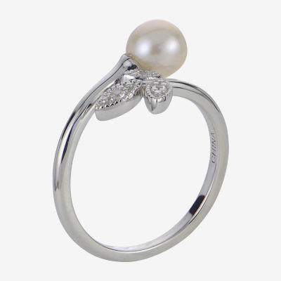 Womens 6-6.5MM White Cultured Freshwater Pearl Sterling Silver Cocktail Ring