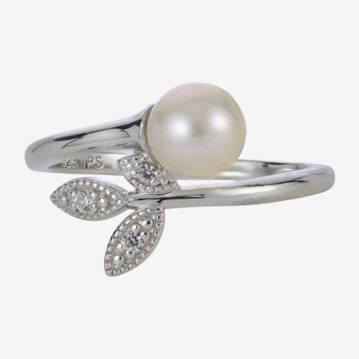 Womens 6-6.5MM White Cultured Freshwater Pearl Sterling Silver Cocktail Ring