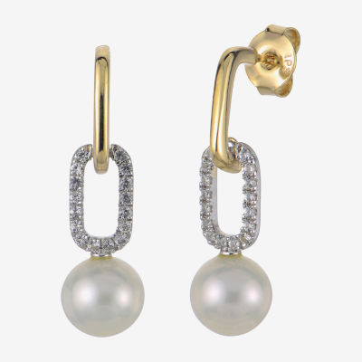 White Cultured Freshwater Pearl 14K Two Tone Gold Over Silver Paperclip Drop Earrings