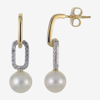 White Cultured Freshwater Pearl 14K Two Tone Gold Over Silver Paperclip Drop Earrings