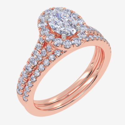 (G / Vs2-Si1) Womens 1 CT. T.W. Lab Grown White Diamond 10K Rose Gold Oval Side Stone Halo Bridal Set