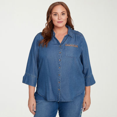 Alfred Dunner El Paso Womens 3/4 Sleeve Flutter Embroidered Plus Button-Down Shirt