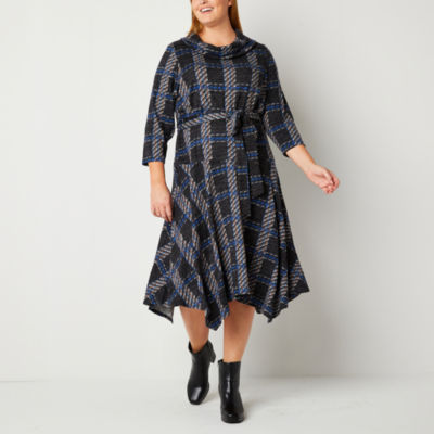 Danny & Nicole Plus 3/4 Sleeve Plaid Midi Fit + Flare Dress