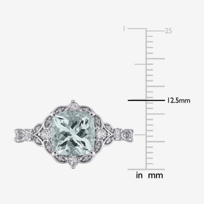 Modern Bride Gemstone Womens Diamond Accent Genuine Blue Aquamarine 14K White Gold Cushion Engagement Ring