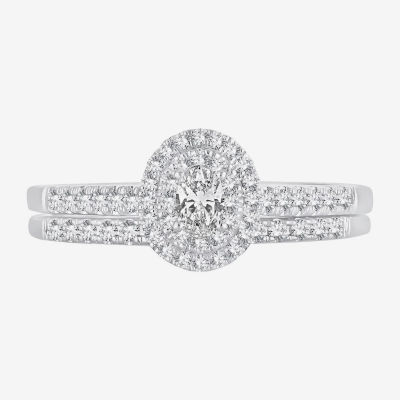 Oval 1/2 CT.T.W. Natural Diamond Side Stone Halo Bridal Set 10K or 14K White Gold