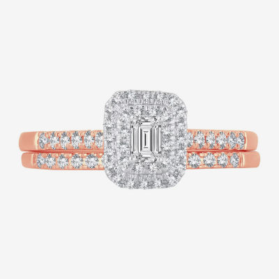 1/2 CT.T.W. Natural Diamond Side Stone Halo Bridal Set 10K or 14K Gold