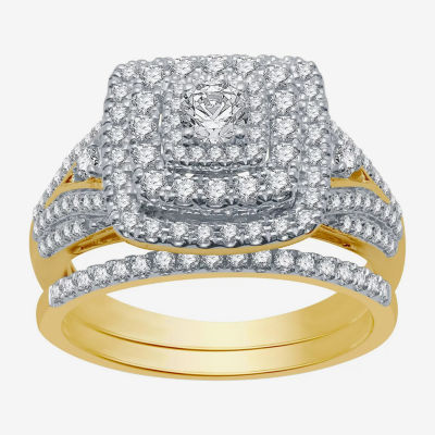 H-I / I1) Womens CT. T.W. Lab Grown White Diamond 10K Gold Cushion Side Stone Halo Bridal Set