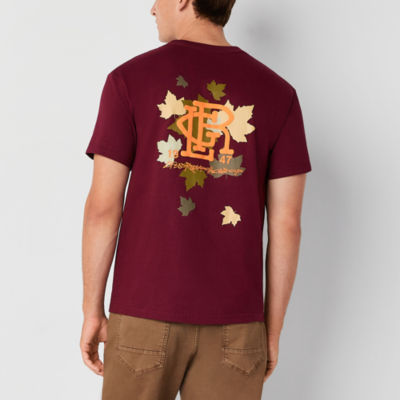 white and maroon graphic tee