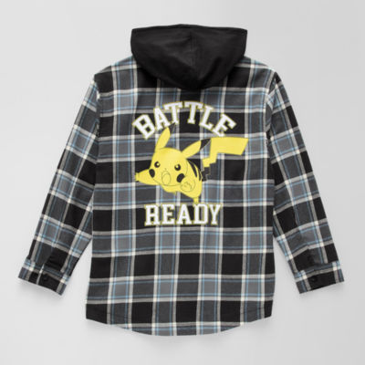 Little & Big Boys Hooded Long Sleeve Pokeman Flannel Shirt