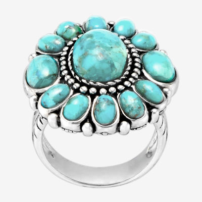 Womens Blue Turquoise Sterling Silver Flower Round Cocktail Ring