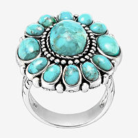 Womens Blue Turquoise Sterling Silver Flower Round Cocktail Ring, 7, Turquoise
