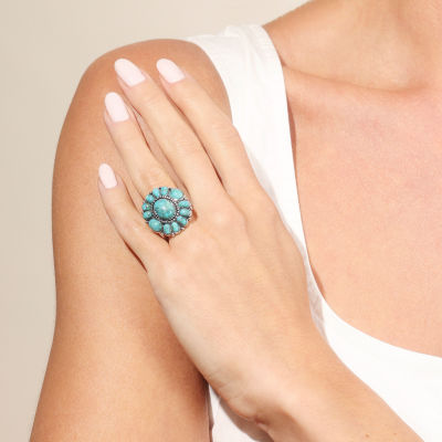 Womens Blue Turquoise Sterling Silver Flower Round Cocktail Ring