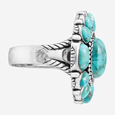 Womens Blue Turquoise Sterling Silver Flower Round Cocktail Ring