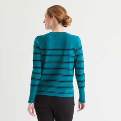 Liz Claiborne Womens Crew Neck Long Sleeve Striped Pullover Sweater