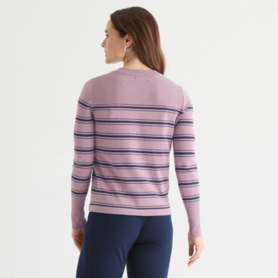 Liz Claiborne Womens Crew Neck Long Sleeve Striped Pullover Sweater