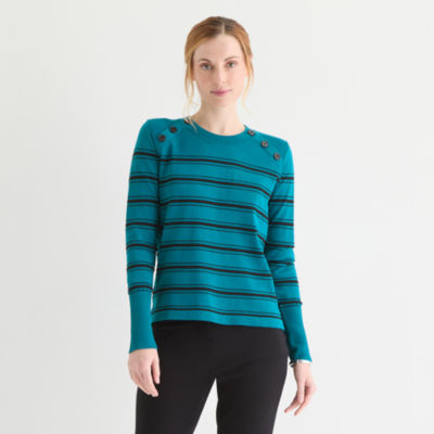 Liz Claiborne Womens Crew Neck Long Sleeve Striped Pullover Sweater