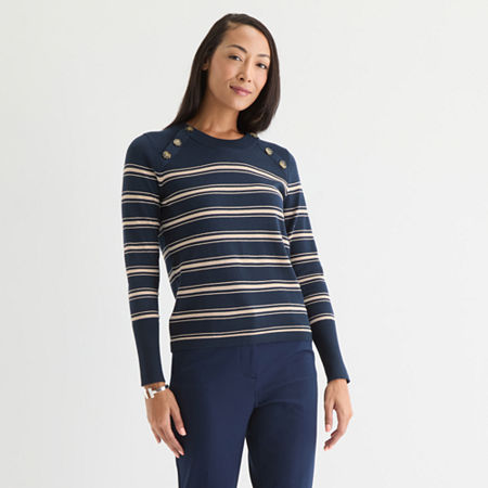 Liz Claiborne Womens Crew Neck Long Sleeve Striped Pullover Sweater, Large, Blue